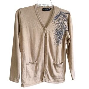 Castle of Ireland Beige Wool Blend Peacock Feather Sequin Cardigan Sweater Sz 12